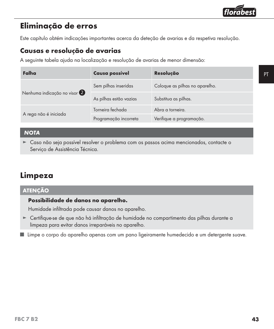 Eliminação de erros, Limpeza, Causas e resolução de avarias | Florabest FBC 7 B2 User Manual | Page 50 / 87