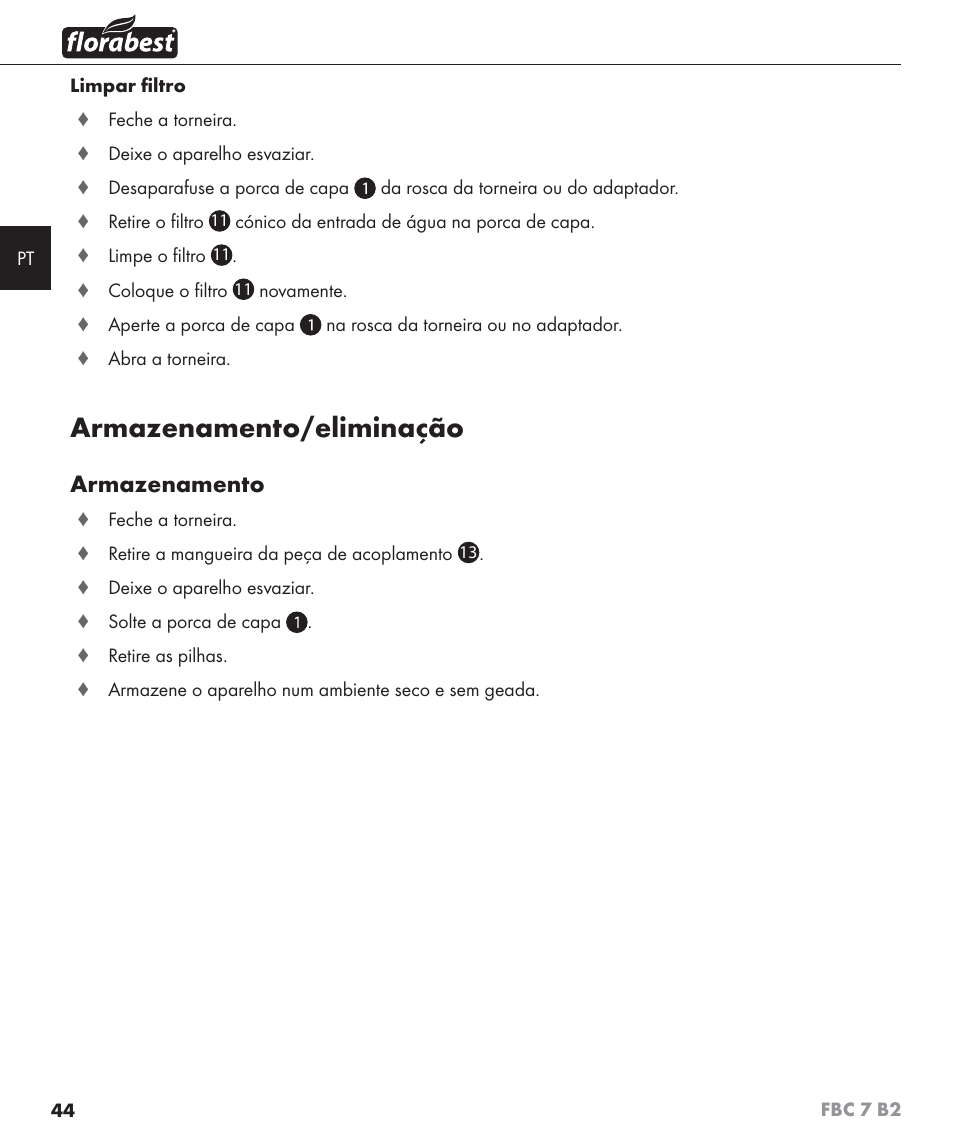 Armazenamento/eliminação, Armazenamento | Florabest FBC 7 B2 User Manual | Page 51 / 87