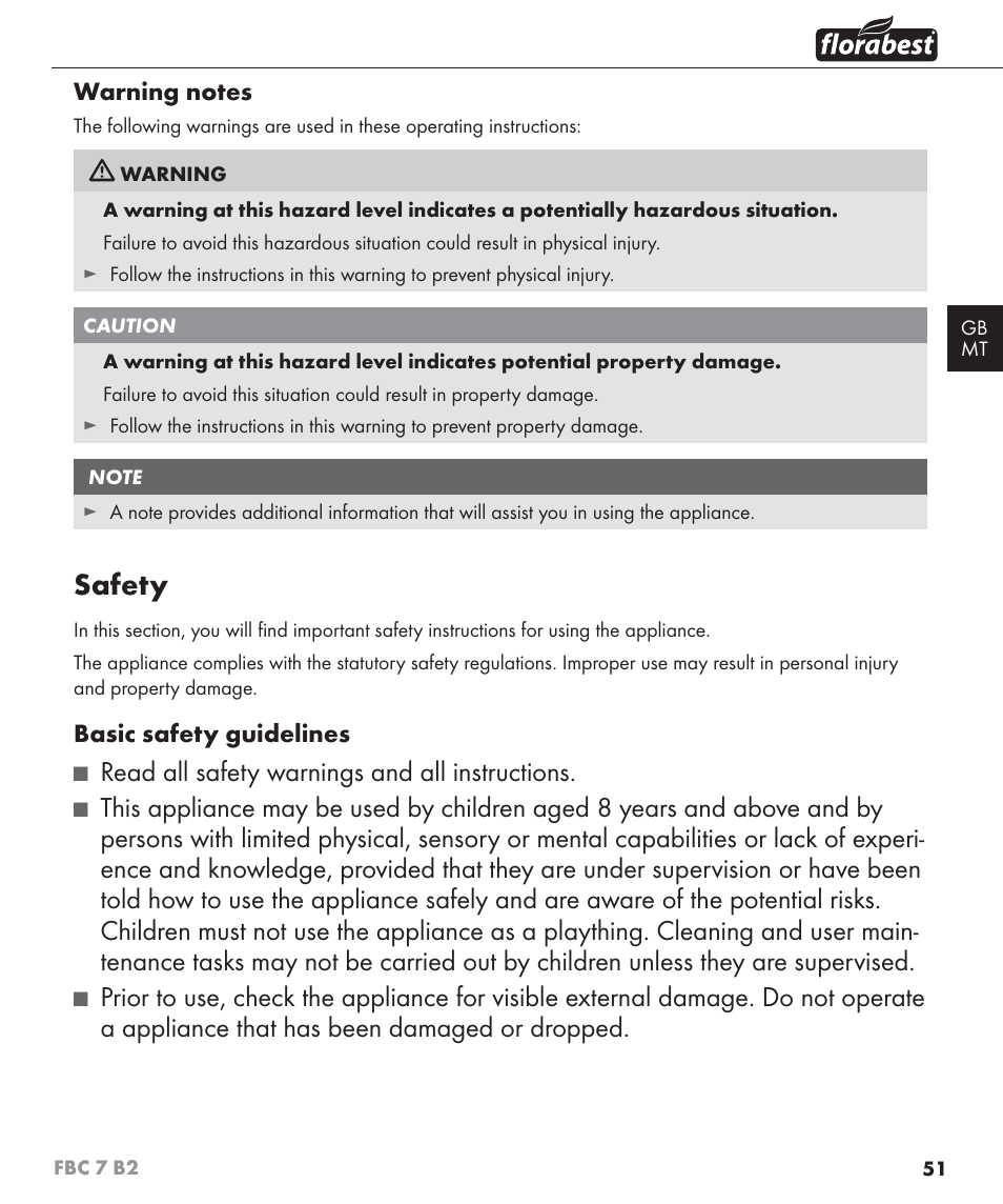 Safety, Read all safety warnings and all instructions | Florabest FBC 7 B2 User Manual | Page 58 / 87