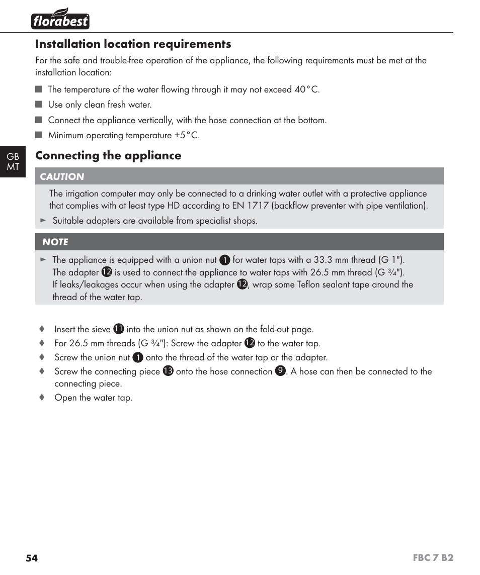 Installation location requirements, Connecting the appliance | Florabest FBC 7 B2 User Manual | Page 61 / 87