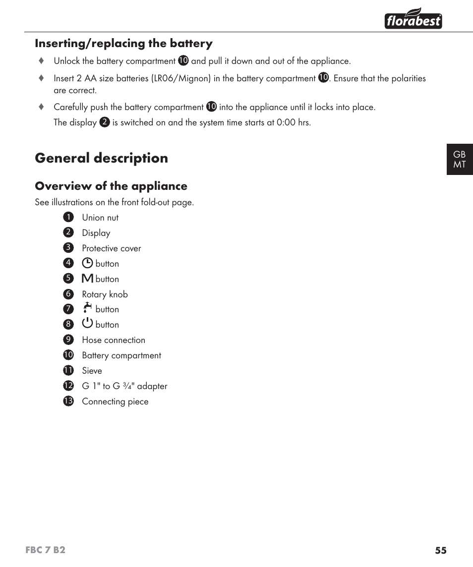 General description, Inserting/replacing the battery, Overview of the appliance | Florabest FBC 7 B2 User Manual | Page 62 / 87