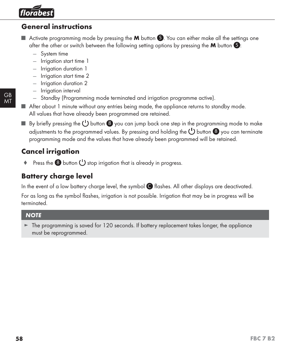 General instructions, Cancel irrigation, Battery charge level | Florabest FBC 7 B2 User Manual | Page 65 / 87