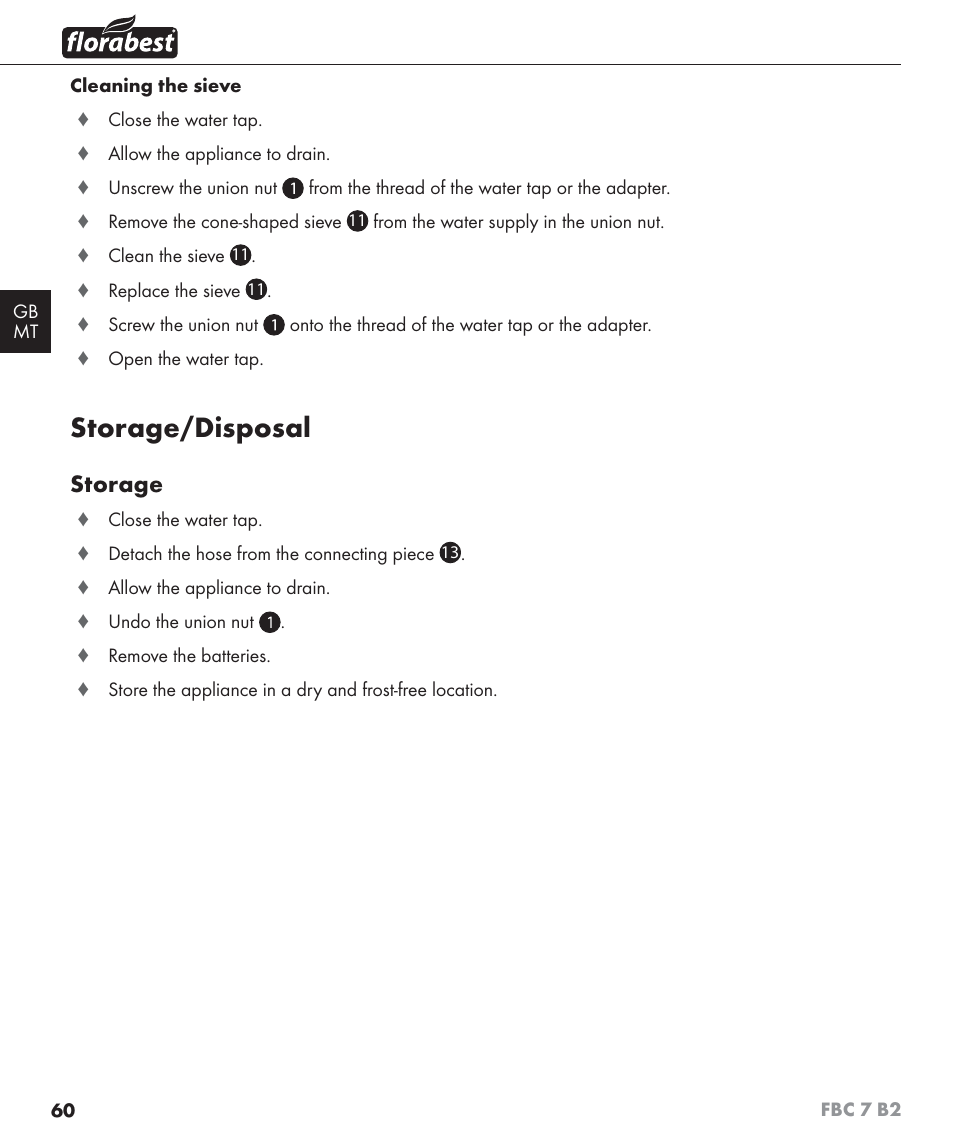 Storage/disposal, Storage | Florabest FBC 7 B2 User Manual | Page 67 / 87
