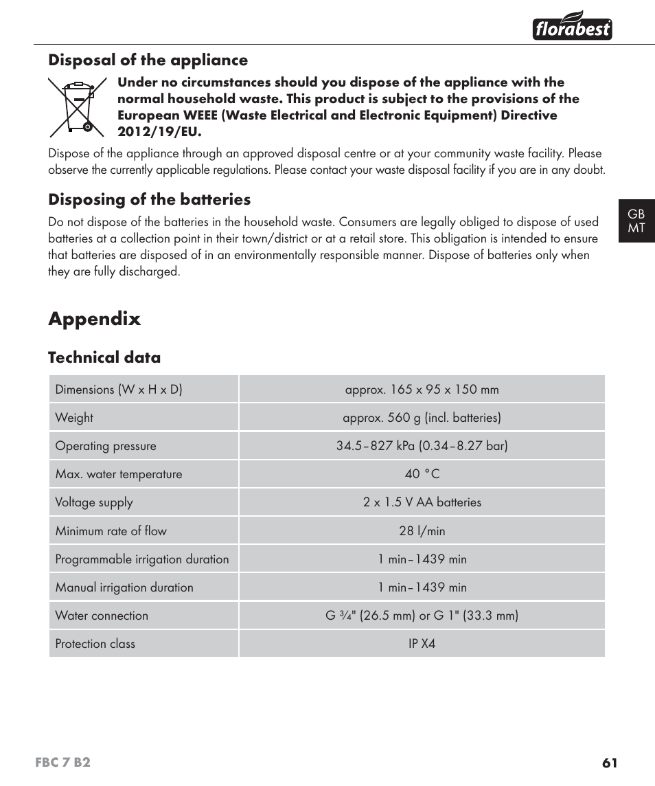 Appendix, Disposal of the appliance, Disposing of the batteries | Technical data | Florabest FBC 7 B2 User Manual | Page 68 / 87