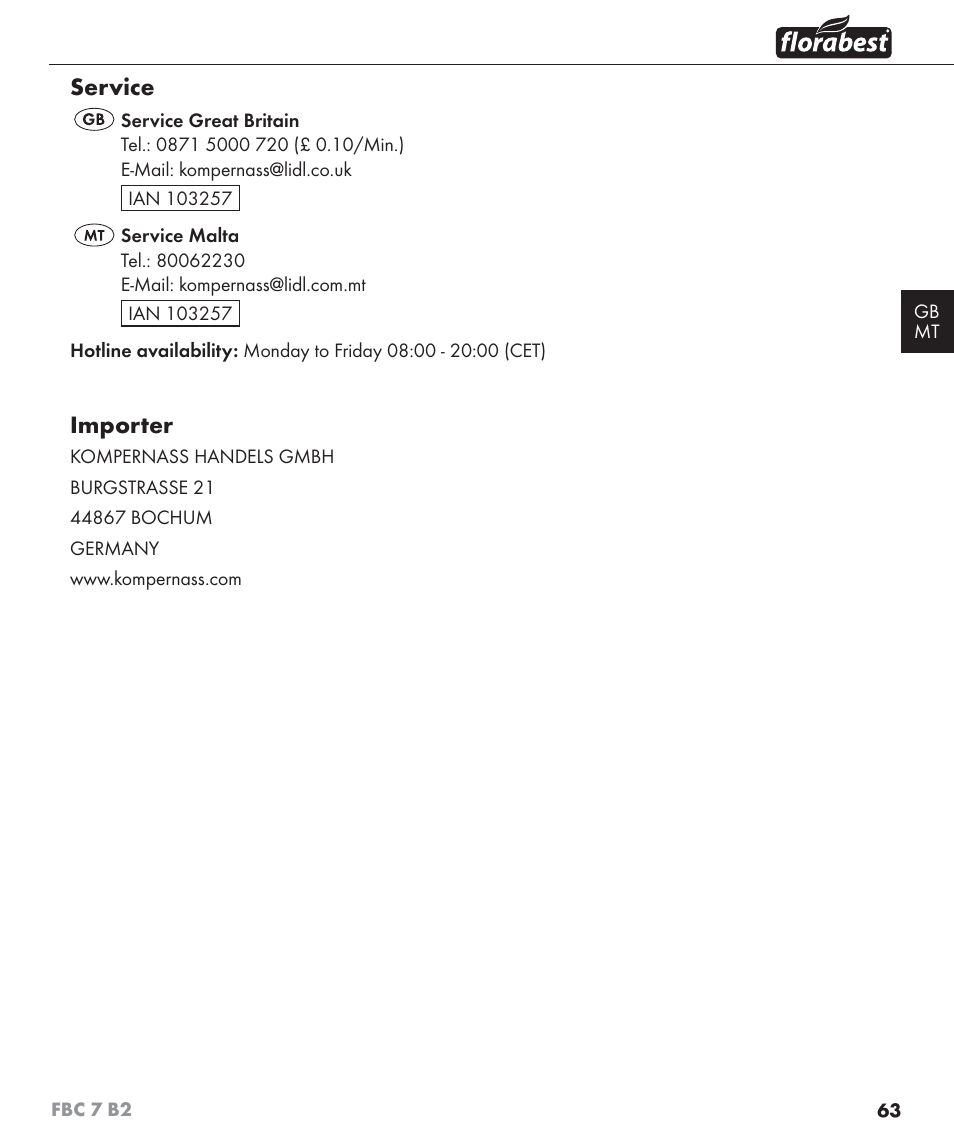 Service, Importer | Florabest FBC 7 B2 User Manual | Page 70 / 87