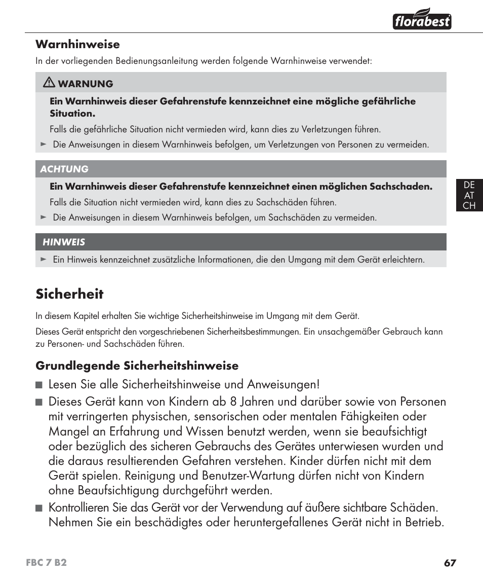 Sicherheit, Lesen sie alle sicherheitshinweise und anweisungen | Florabest FBC 7 B2 User Manual | Page 74 / 87