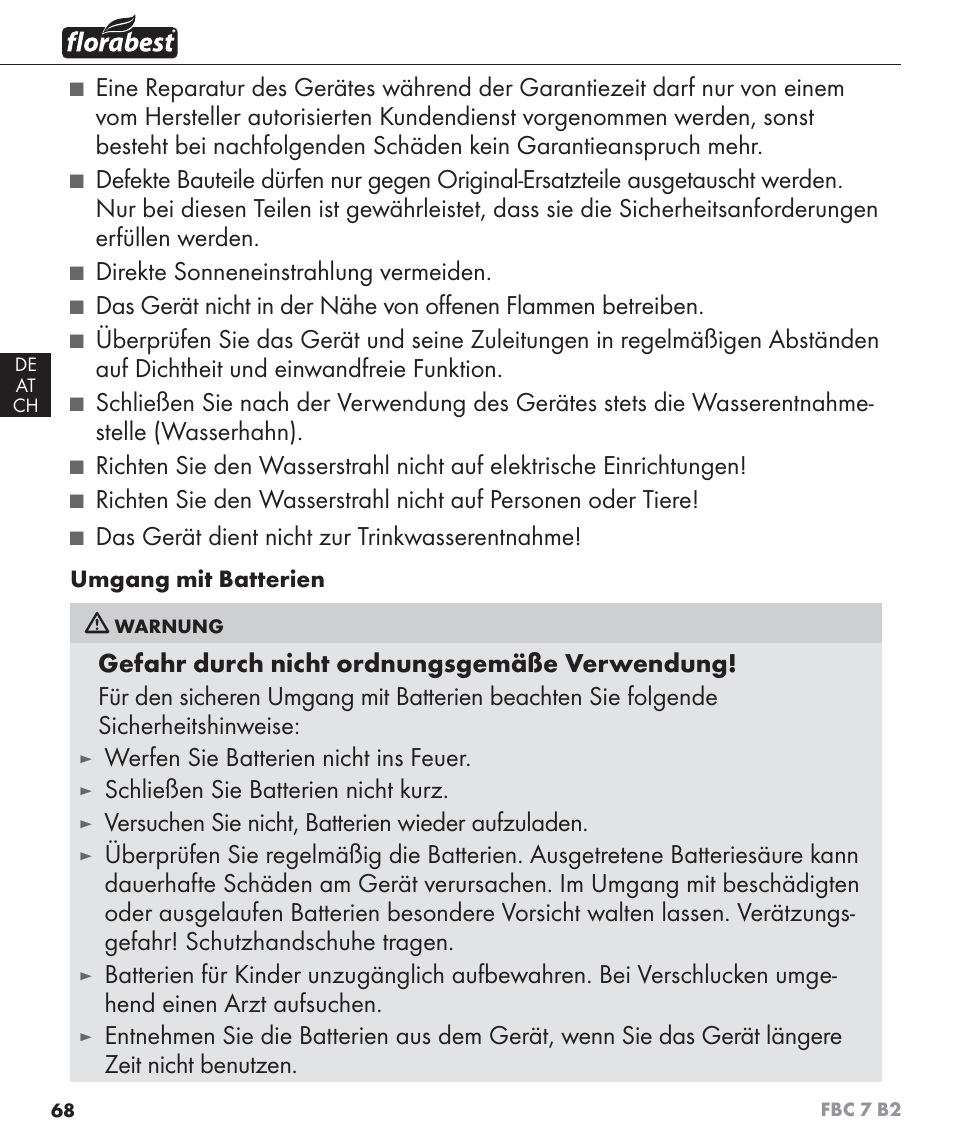 Direkte sonneneinstrahlung vermeiden, Das gerät dient nicht zur trinkwasserentnahme, Werfen sie batterien nicht ins feuer | Schließen sie batterien nicht kurz, Versuchen sie nicht, batterien wieder aufzuladen | Florabest FBC 7 B2 User Manual | Page 75 / 87