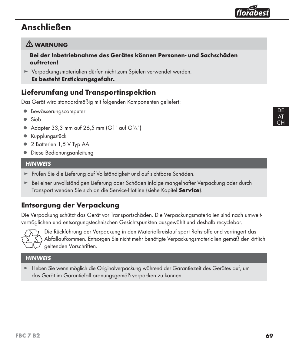 Anschließen, Lieferumfang und transportinspektion, Entsorgung der verpackung | Florabest FBC 7 B2 User Manual | Page 76 / 87