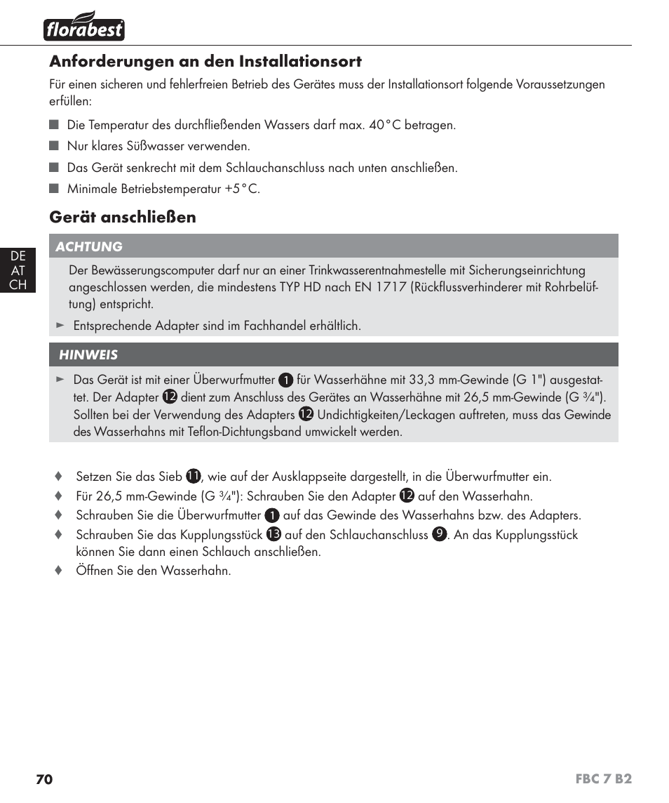 Anforderungen an den installationsort, Gerät anschließen | Florabest FBC 7 B2 User Manual | Page 77 / 87