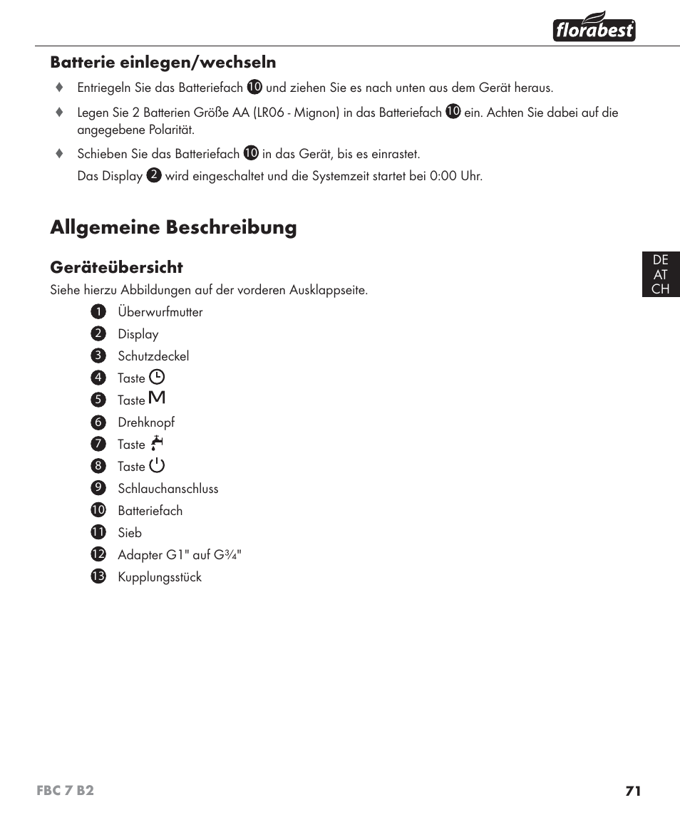 Allgemeine beschreibung, Batterie einlegen/wechseln, Geräteübersicht | Florabest FBC 7 B2 User Manual | Page 78 / 87