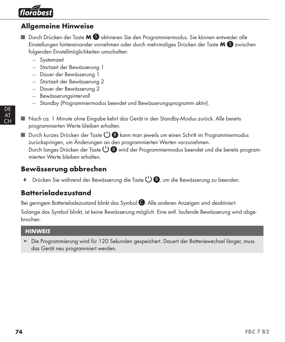 Allgemeine hinweise, Bewässerung abbrechen, Batterieladezustand | Florabest FBC 7 B2 User Manual | Page 81 / 87