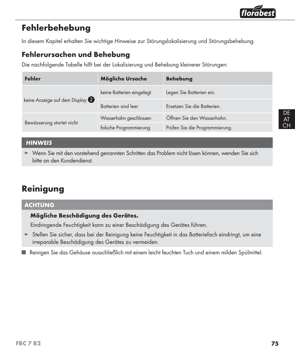 Fehlerbehebung, Reinigung, Fehlerursachen und behebung | Florabest FBC 7 B2 User Manual | Page 82 / 87