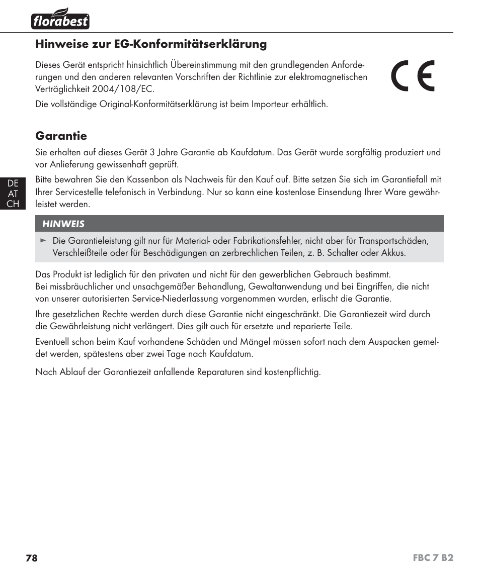 Hinweise zur eg-konformitätserklärung, Garantie | Florabest FBC 7 B2 User Manual | Page 85 / 87