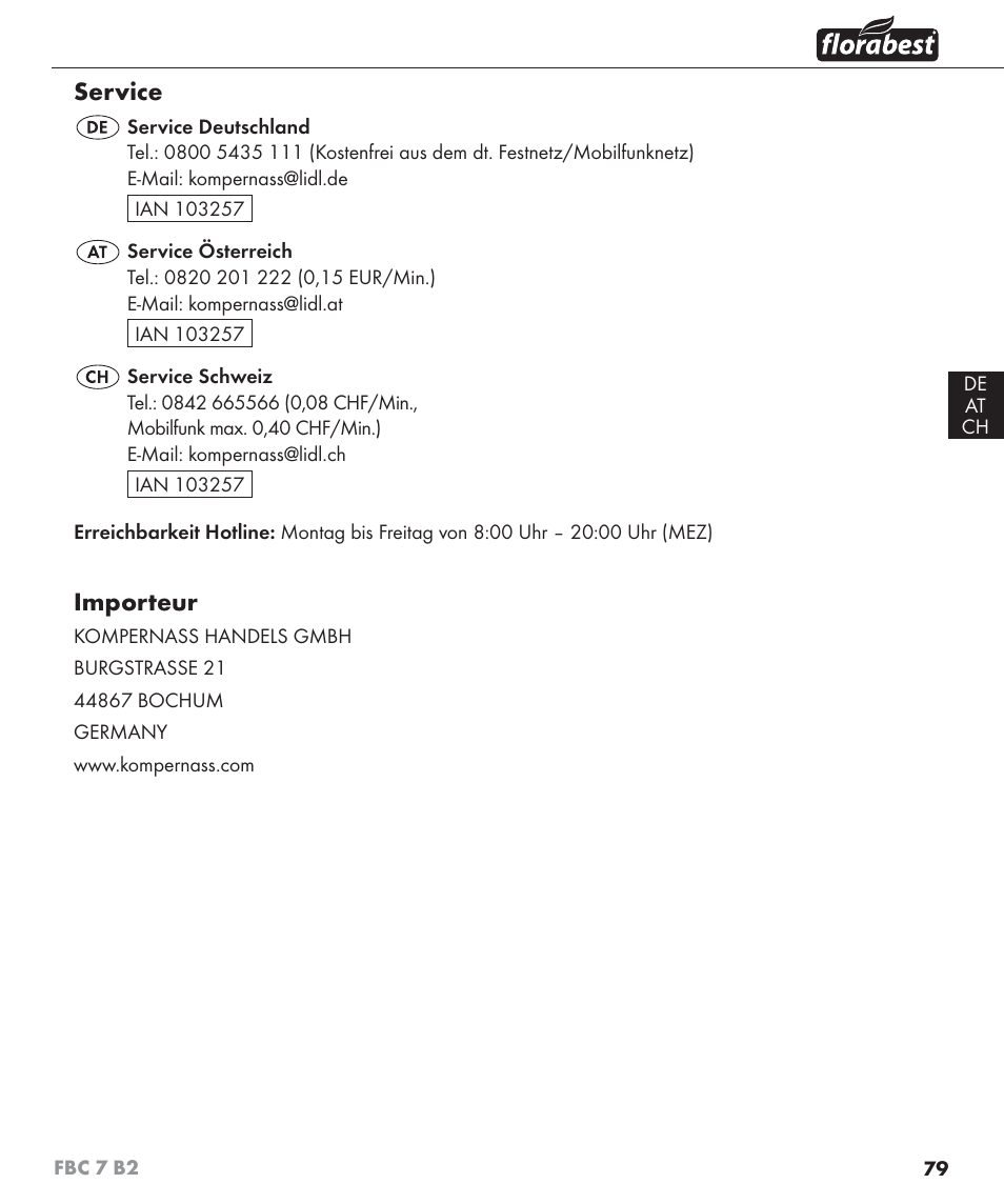 Service, Importeur | Florabest FBC 7 B2 User Manual | Page 86 / 87