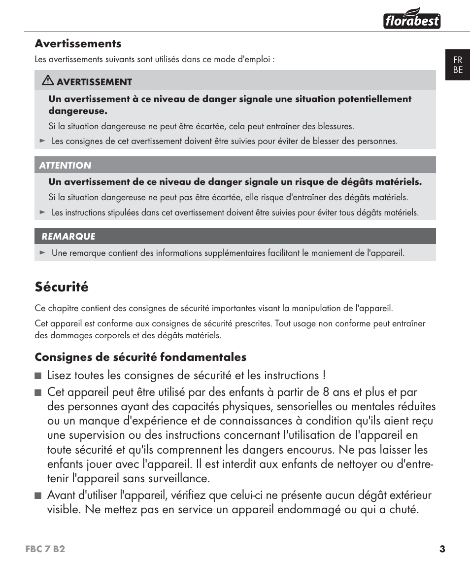 Sécurité | Florabest FBC 7 B2 User Manual | Page 10 / 55