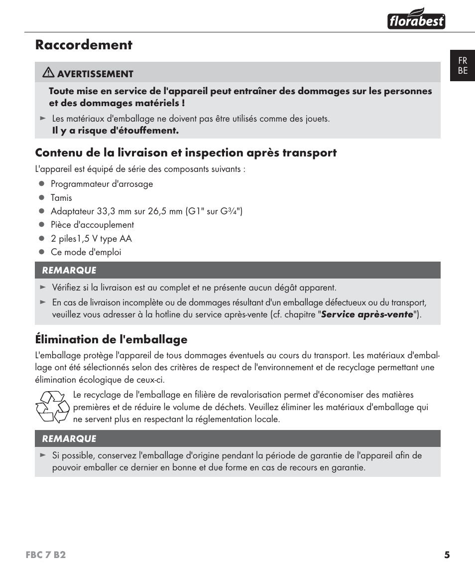 Raccordement, Élimination de l'emballage | Florabest FBC 7 B2 User Manual | Page 12 / 55