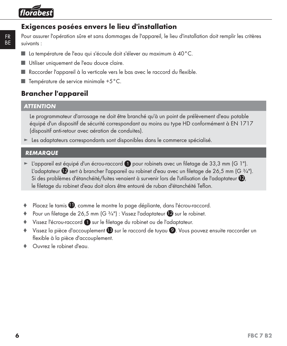 Exigences posées envers le lieu d'installation, Brancher l'appareil | Florabest FBC 7 B2 User Manual | Page 13 / 55
