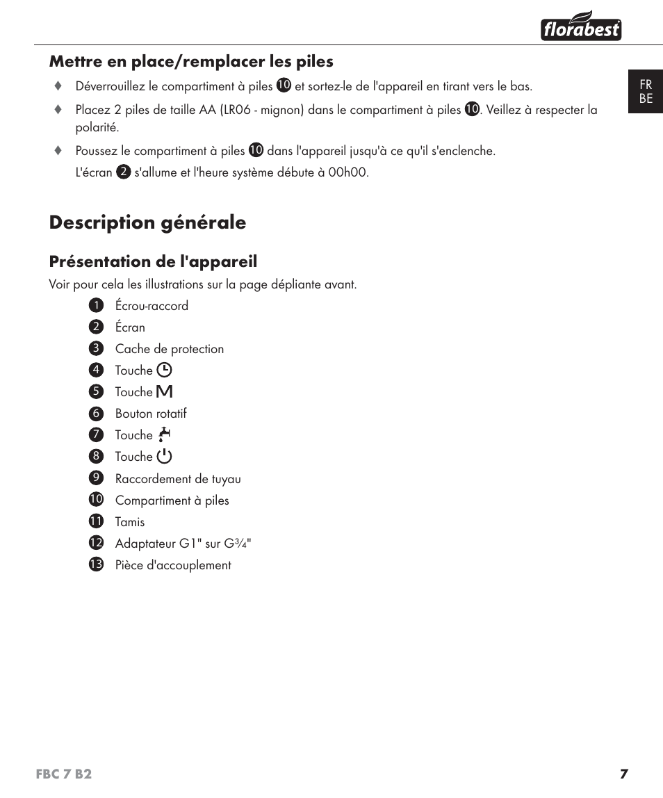 Description générale, Mettre en place/remplacer les piles, Présentation de l'appareil | Florabest FBC 7 B2 User Manual | Page 14 / 55