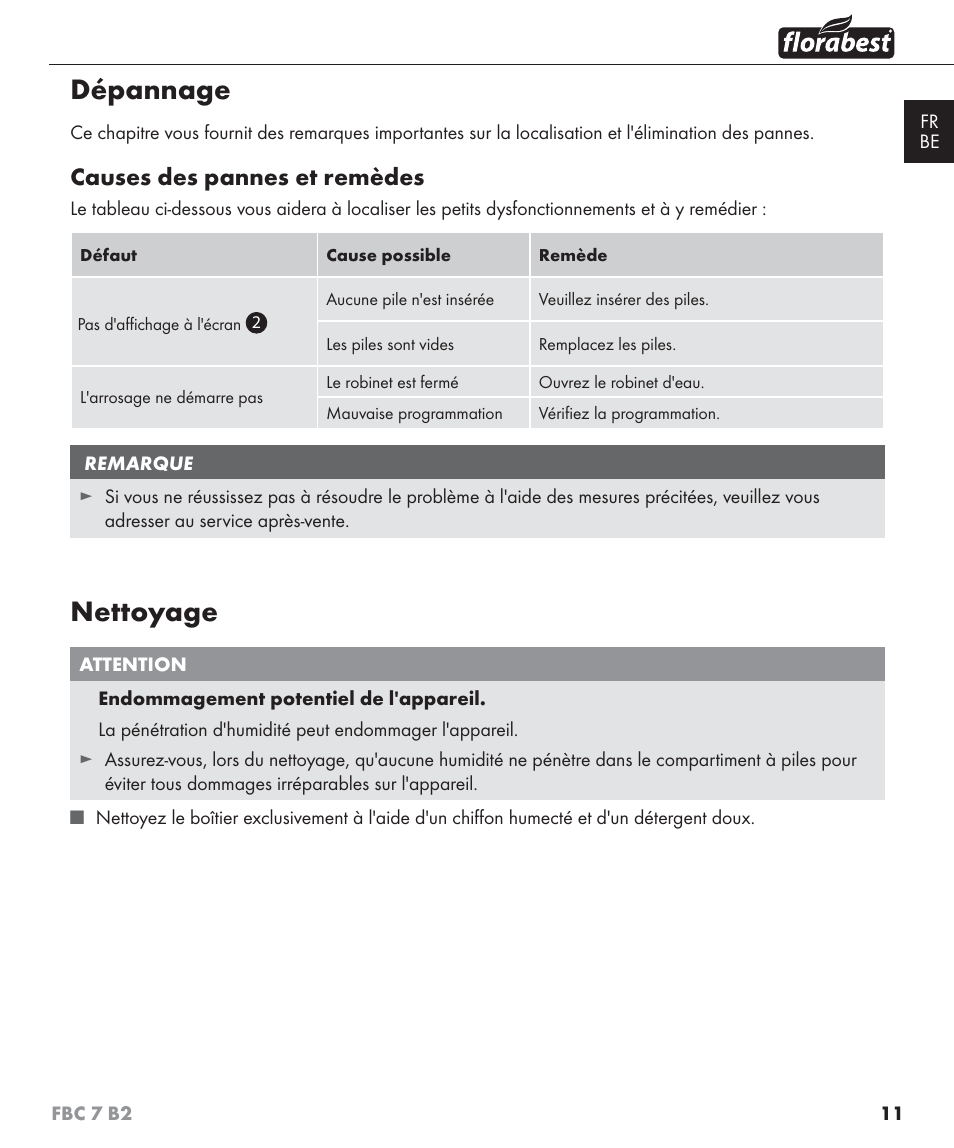 Dépannage, Nettoyage, Causes des pannes et remèdes | Florabest FBC 7 B2 User Manual | Page 18 / 55