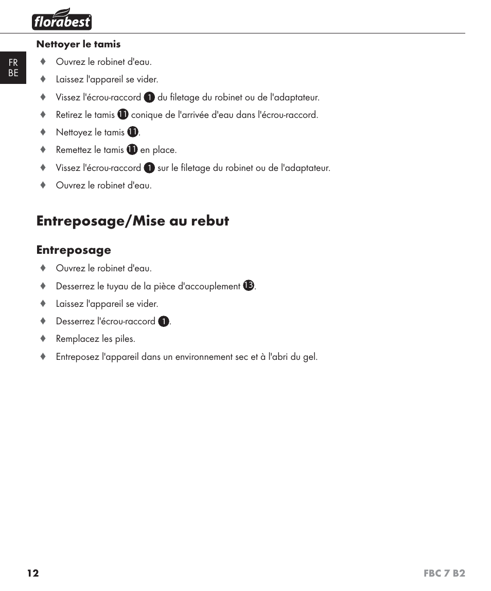 Entreposage/mise au rebut, Entreposage | Florabest FBC 7 B2 User Manual | Page 19 / 55
