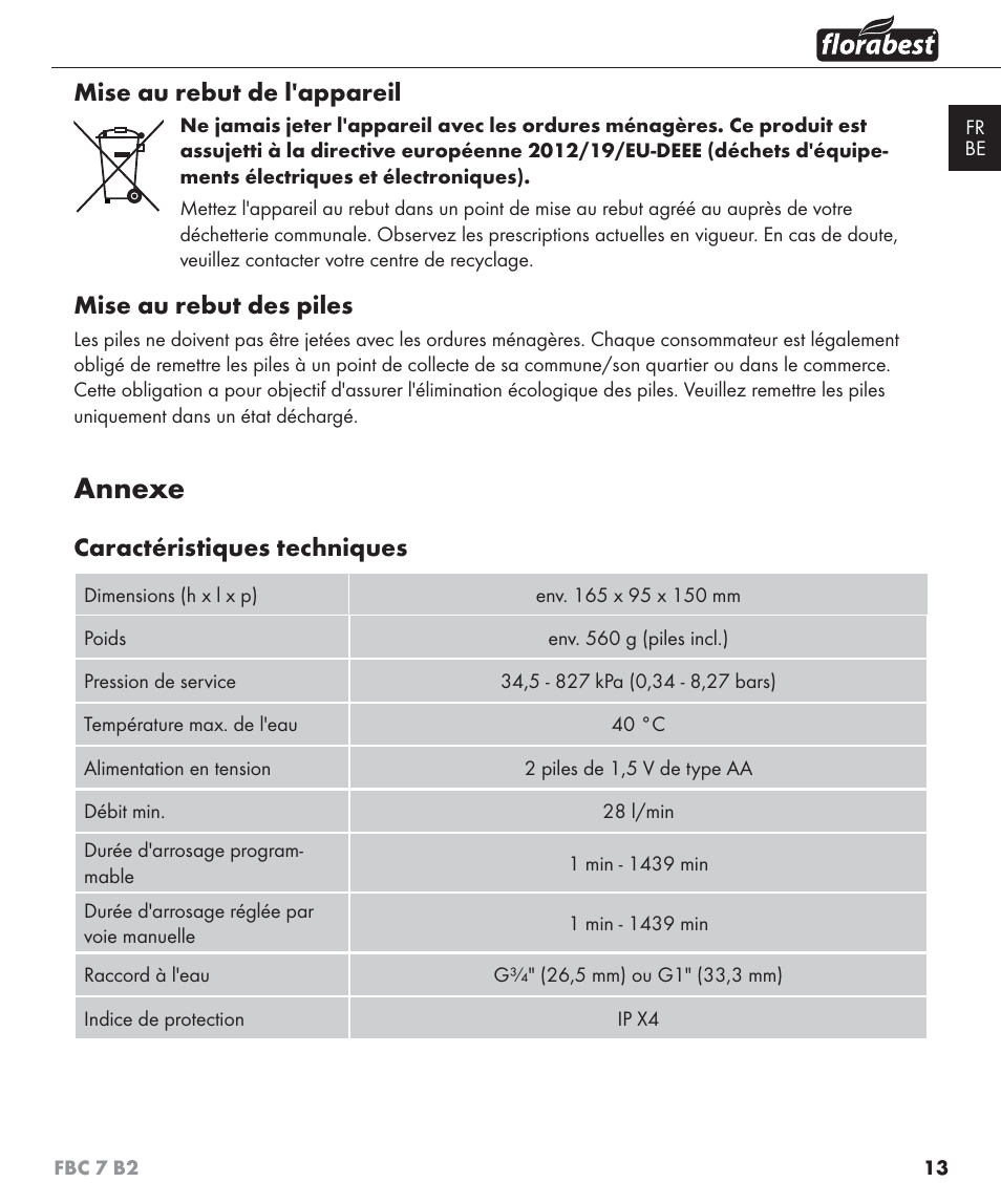 Annexe, Mise au rebut de l'appareil, Mise au rebut des piles | Caractéristiques techniques | Florabest FBC 7 B2 User Manual | Page 20 / 55