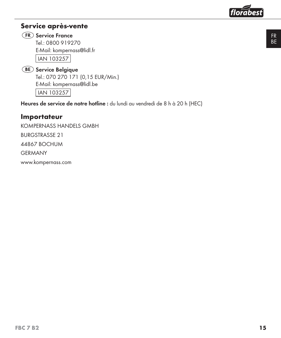 Service après-vente, Importateur | Florabest FBC 7 B2 User Manual | Page 22 / 55