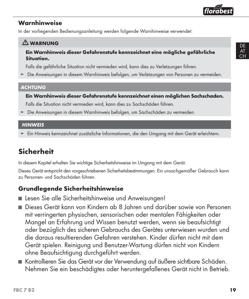 Sicherheit, Lesen sie alle sicherheitshinweise und anweisungen | Florabest FBC 7 B2 User Manual | Page 26 / 55