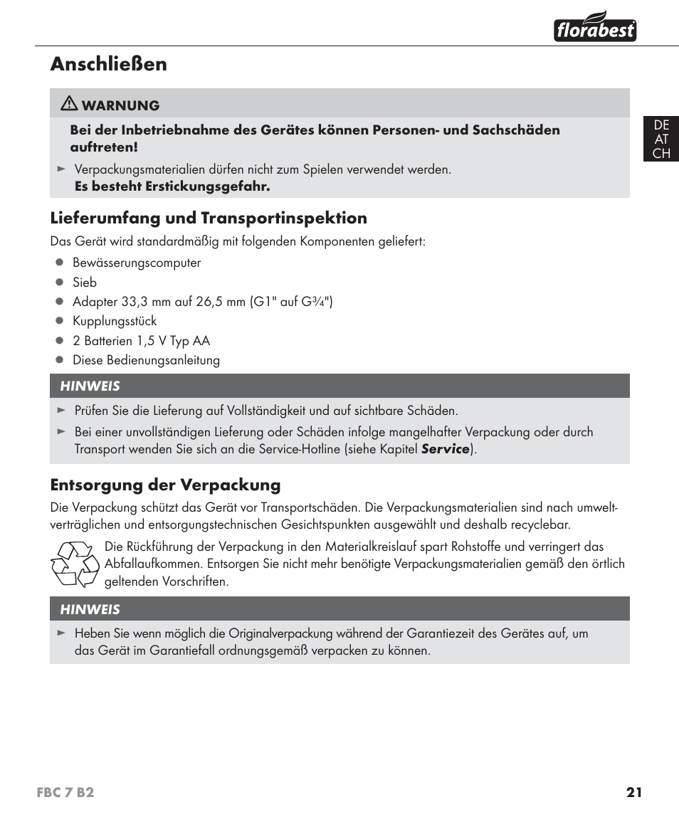 Anschließen, Lieferumfang und transportinspektion, Entsorgung der verpackung | Florabest FBC 7 B2 User Manual | Page 28 / 55