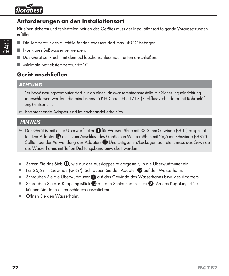 Anforderungen an den installationsort, Gerät anschließen | Florabest FBC 7 B2 User Manual | Page 29 / 55