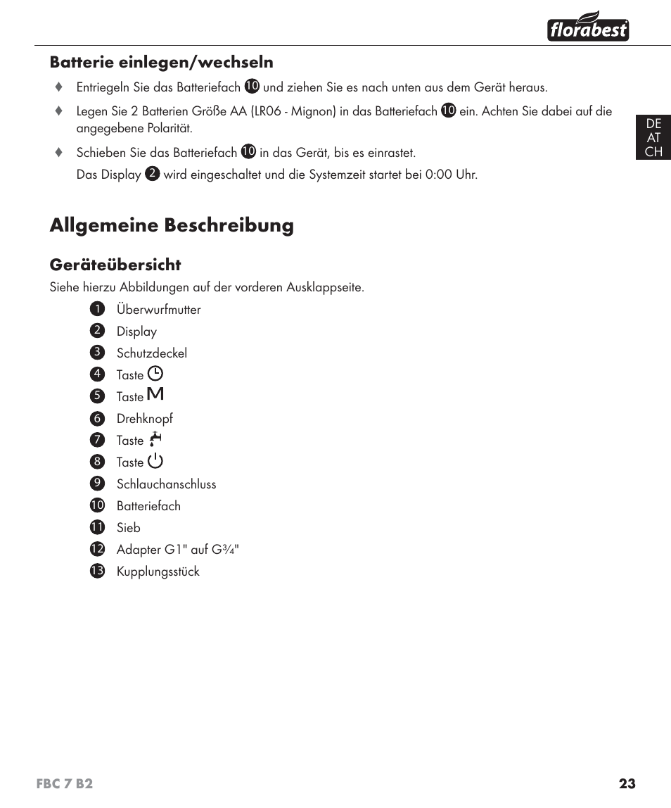 Allgemeine beschreibung, Batterie einlegen/wechseln, Geräteübersicht | Florabest FBC 7 B2 User Manual | Page 30 / 55