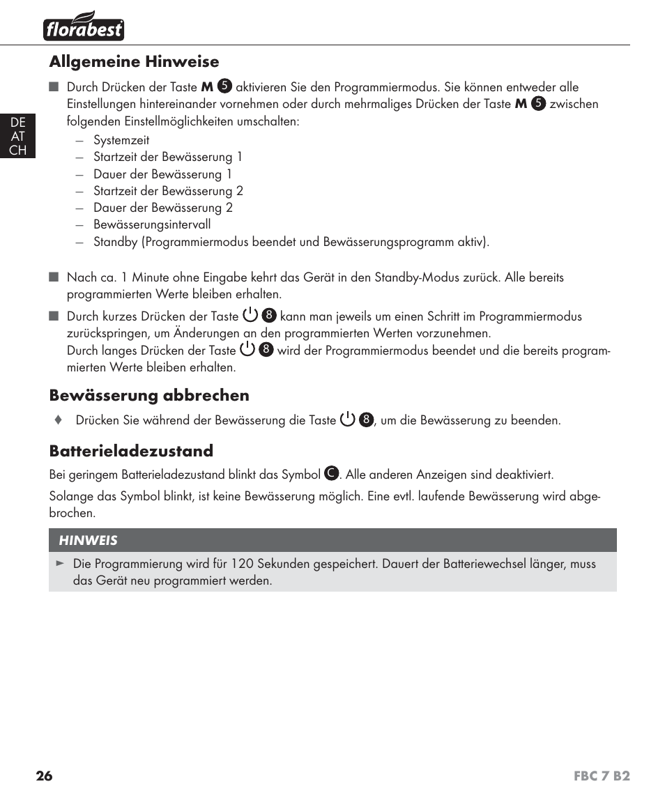 Allgemeine hinweise, Bewässerung abbrechen, Batterieladezustand | Florabest FBC 7 B2 User Manual | Page 33 / 55