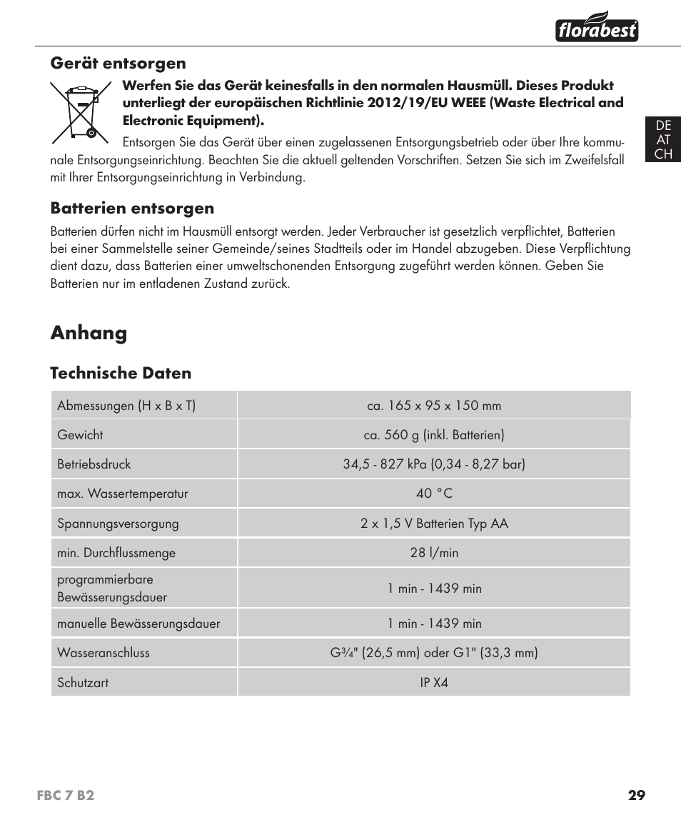 Anhang, Gerät entsorgen, Batterien entsorgen | Technische daten | Florabest FBC 7 B2 User Manual | Page 36 / 55