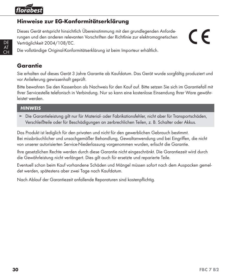 Hinweise zur eg-konformitätserklärung, Garantie | Florabest FBC 7 B2 User Manual | Page 37 / 55
