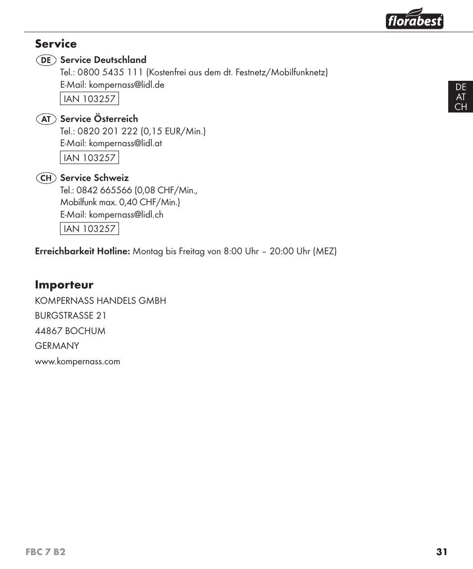 Service, Importeur | Florabest FBC 7 B2 User Manual | Page 38 / 55