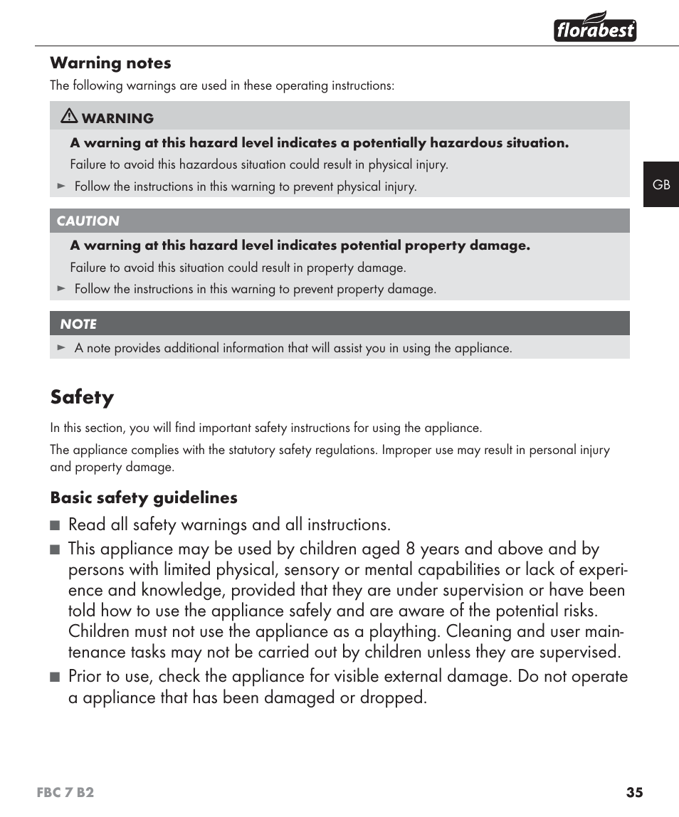 Safety, Read all safety warnings and all instructions | Florabest FBC 7 B2 User Manual | Page 42 / 55