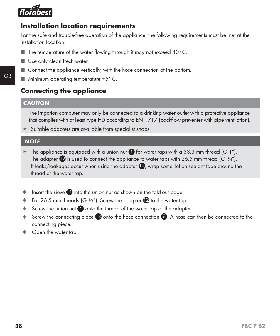 Installation location requirements, Connecting the appliance | Florabest FBC 7 B2 User Manual | Page 45 / 55