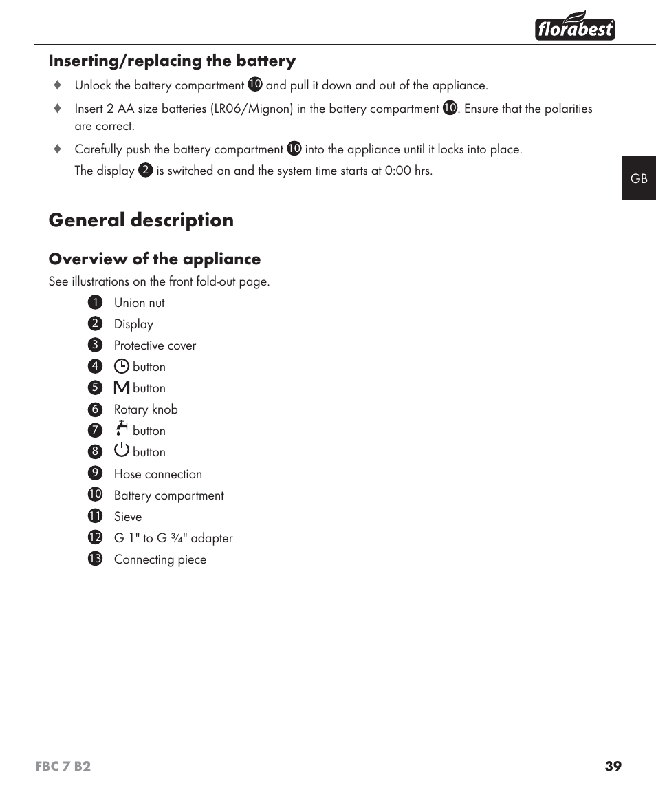 General description, Inserting/replacing the battery, Overview of the appliance | Florabest FBC 7 B2 User Manual | Page 46 / 55