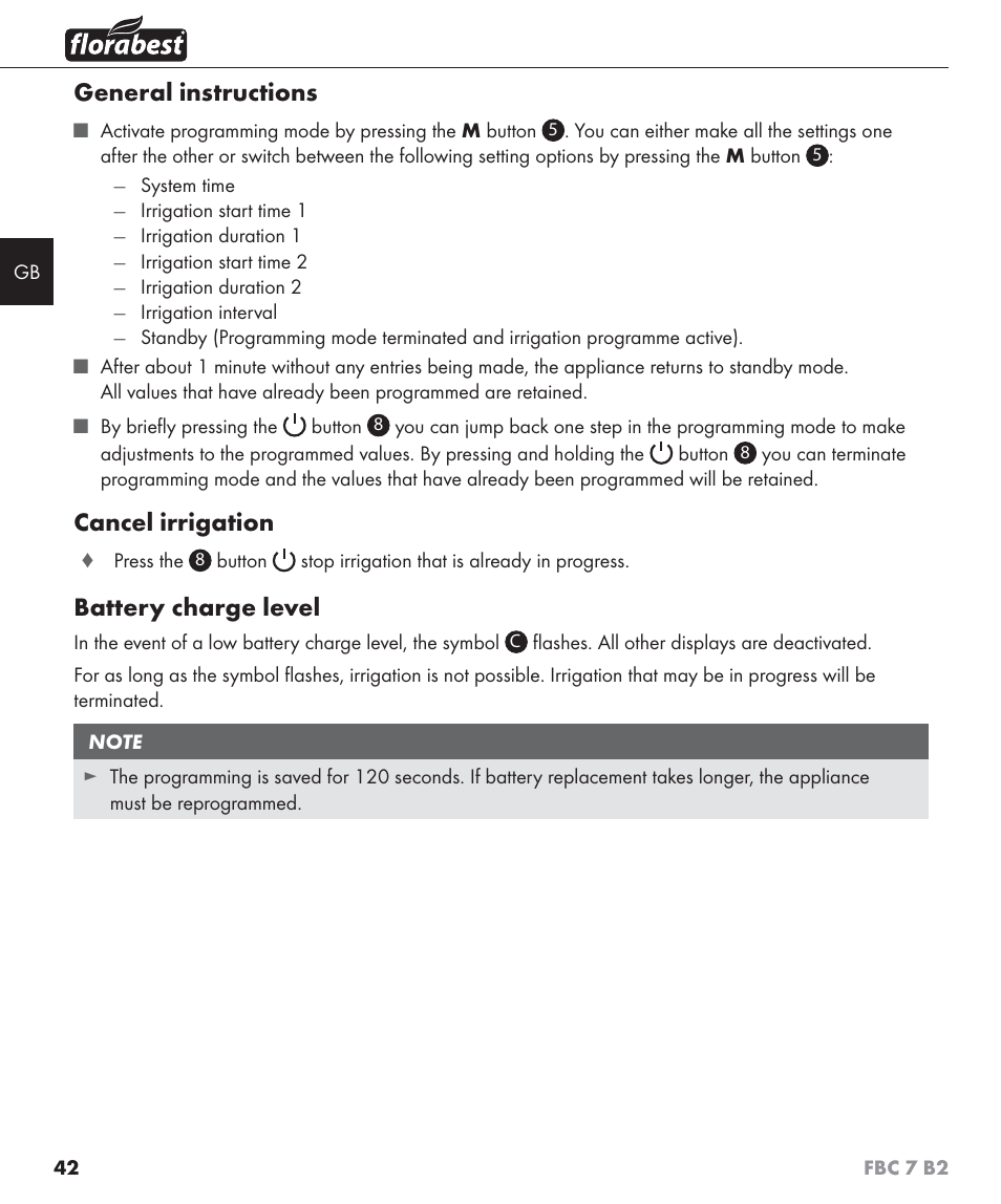 General instructions, Cancel irrigation, Battery charge level | Florabest FBC 7 B2 User Manual | Page 49 / 55