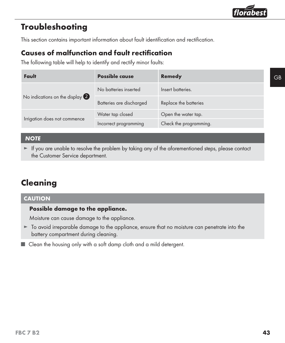 Troubleshooting, Cleaning, Causes of malfunction and fault rectiﬁ cation | Florabest FBC 7 B2 User Manual | Page 50 / 55