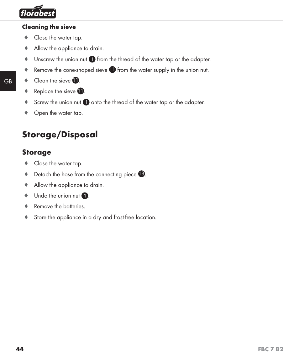 Storage/disposal, Storage | Florabest FBC 7 B2 User Manual | Page 51 / 55