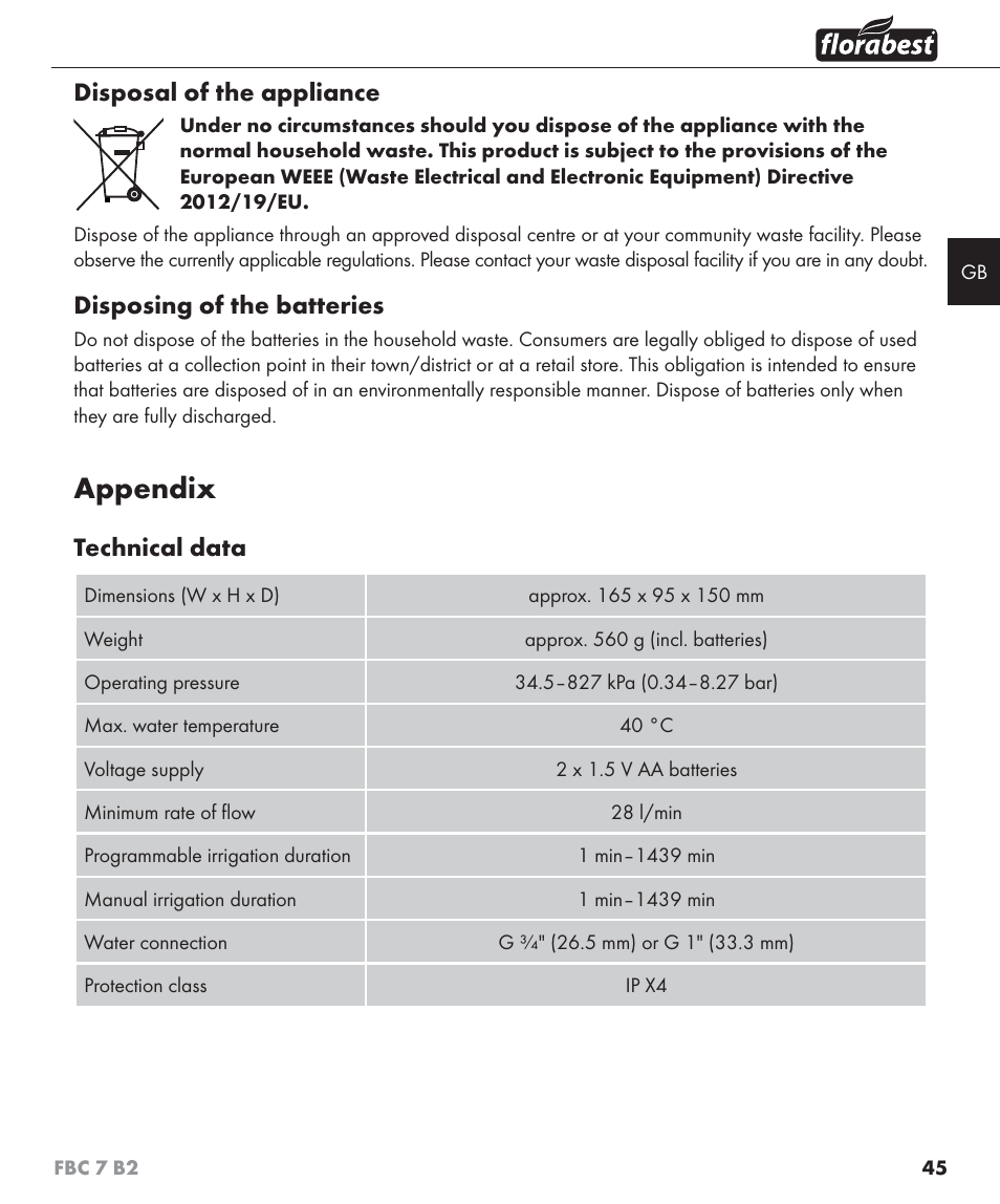 Appendix, Disposal of the appliance, Disposing of the batteries | Technical data | Florabest FBC 7 B2 User Manual | Page 52 / 55