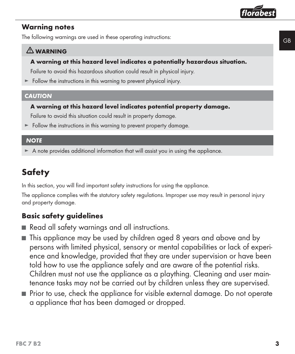 Safety, Read all safety warnings and all instructions | Florabest FBC 7 B2 User Manual | Page 10 / 103