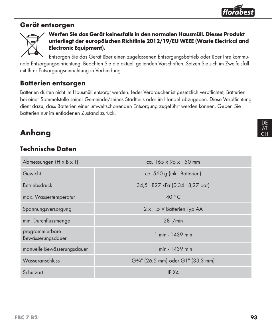 Anhang, Gerät entsorgen, Batterien entsorgen | Technische daten | Florabest FBC 7 B2 User Manual | Page 100 / 103