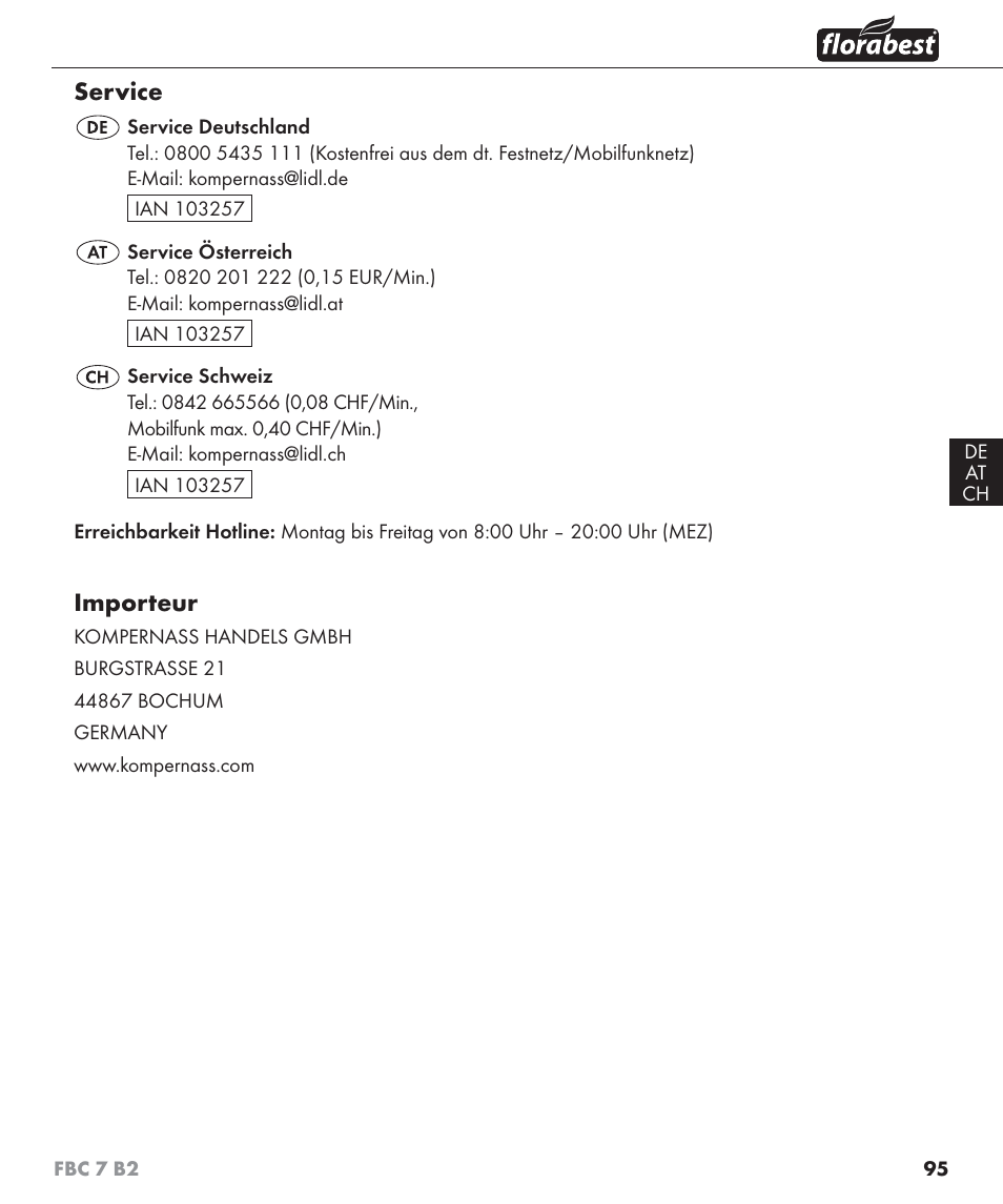 Service, Importeur | Florabest FBC 7 B2 User Manual | Page 102 / 103