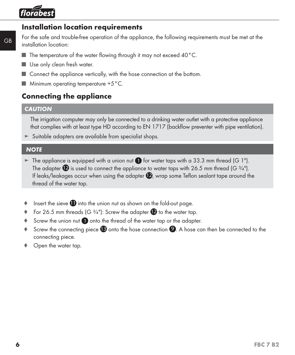 Installation location requirements, Connecting the appliance | Florabest FBC 7 B2 User Manual | Page 13 / 103