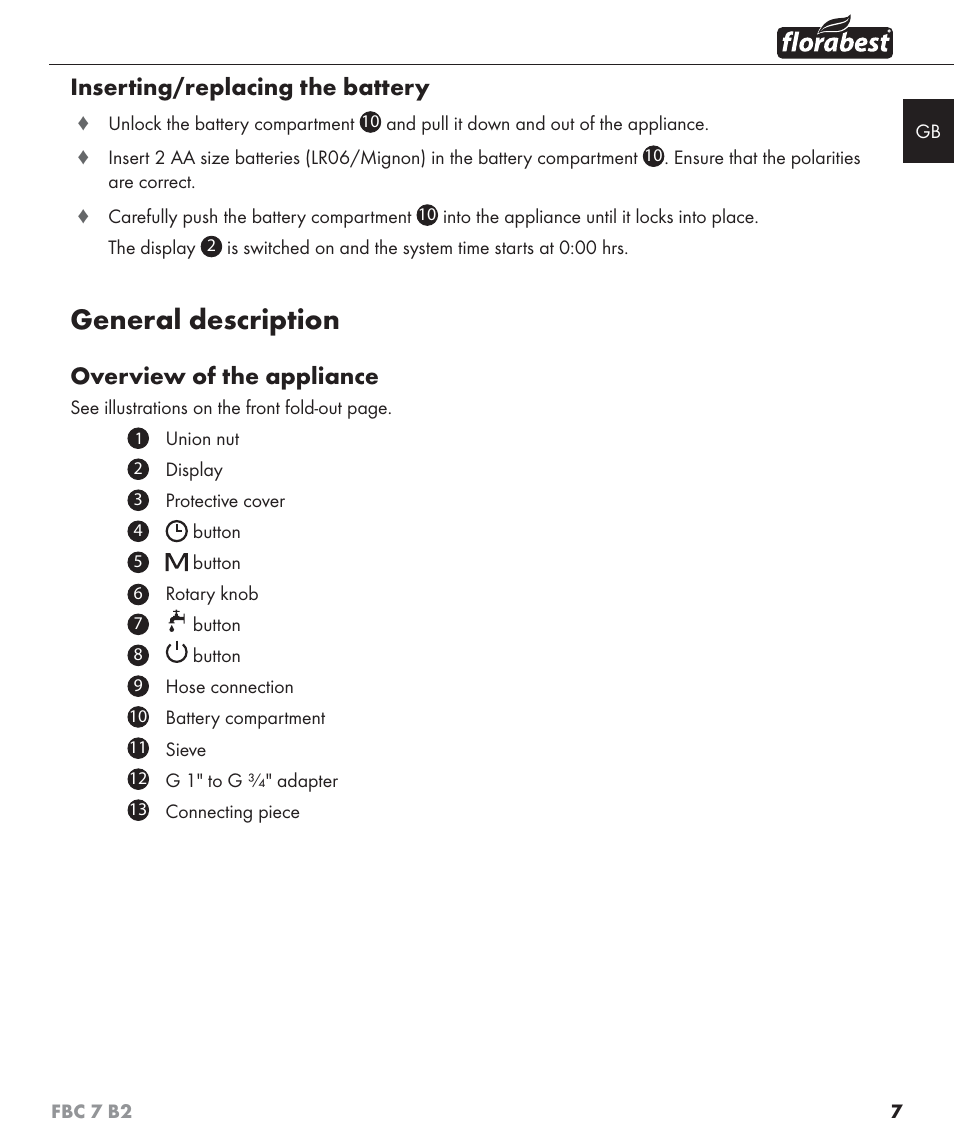 General description, Inserting/replacing the battery, Overview of the appliance | Florabest FBC 7 B2 User Manual | Page 14 / 103