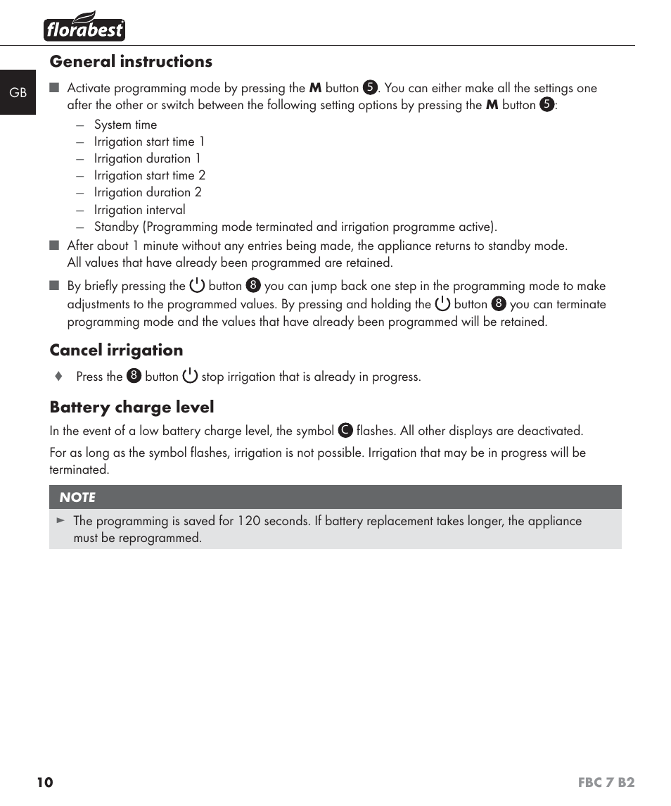 General instructions, Cancel irrigation, Battery charge level | Florabest FBC 7 B2 User Manual | Page 17 / 103