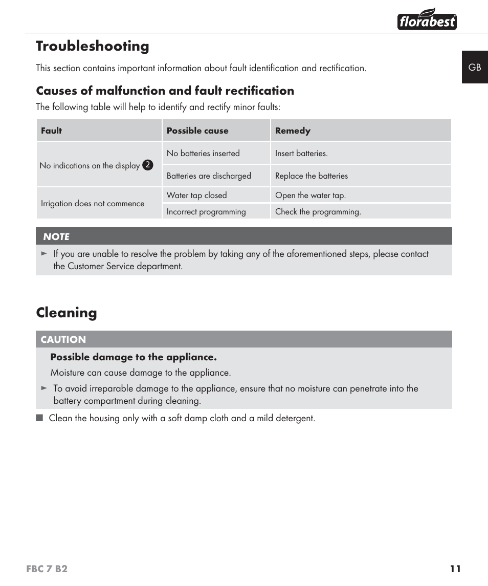 Troubleshooting, Cleaning, Causes of malfunction and fault rectiﬁ cation | Florabest FBC 7 B2 User Manual | Page 18 / 103