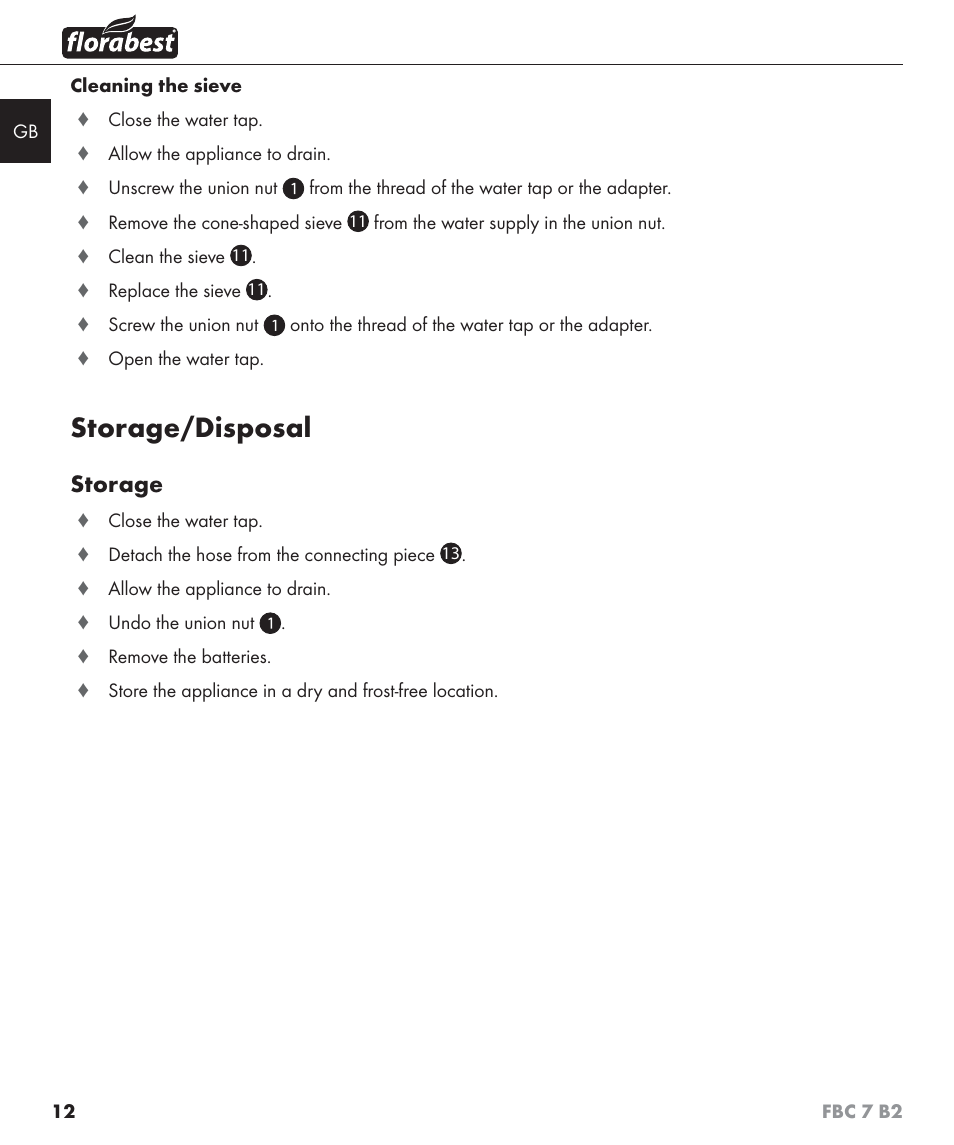 Storage/disposal, Storage | Florabest FBC 7 B2 User Manual | Page 19 / 103