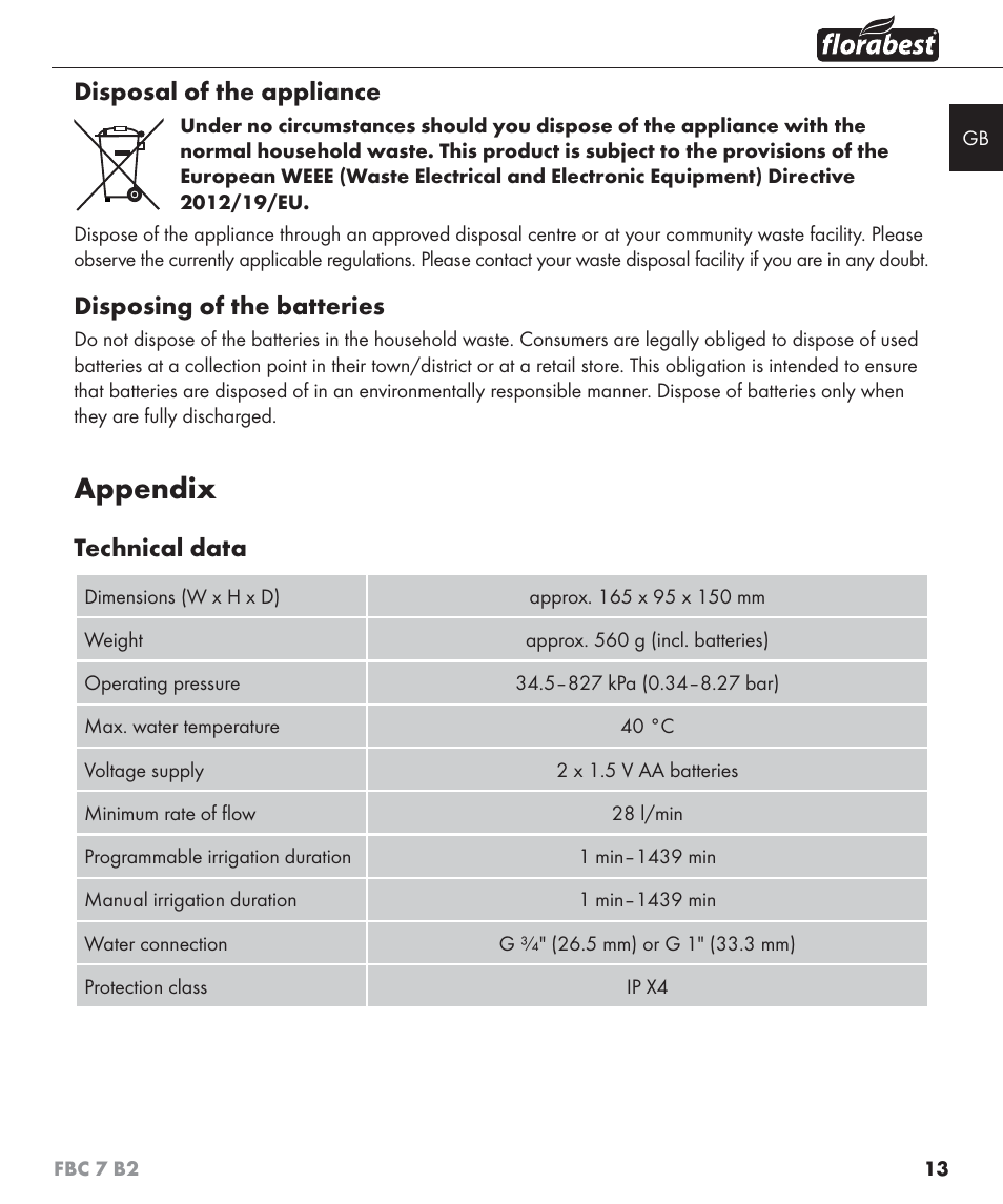 Appendix, Disposal of the appliance, Disposing of the batteries | Technical data | Florabest FBC 7 B2 User Manual | Page 20 / 103